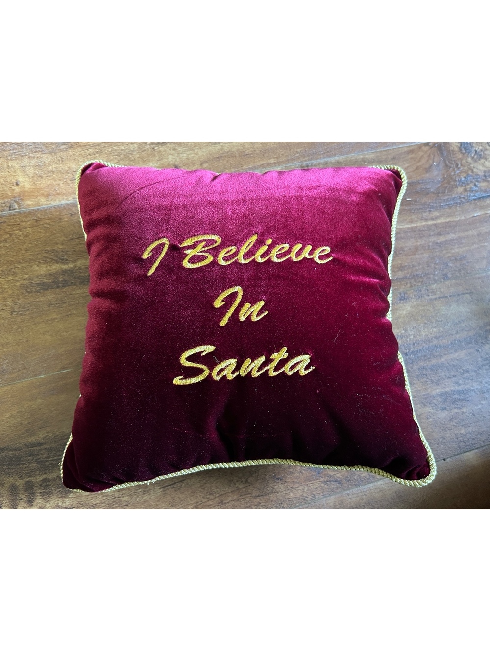 Velvet Decorative Pillow with 'I Believe In Santa' Embroidery